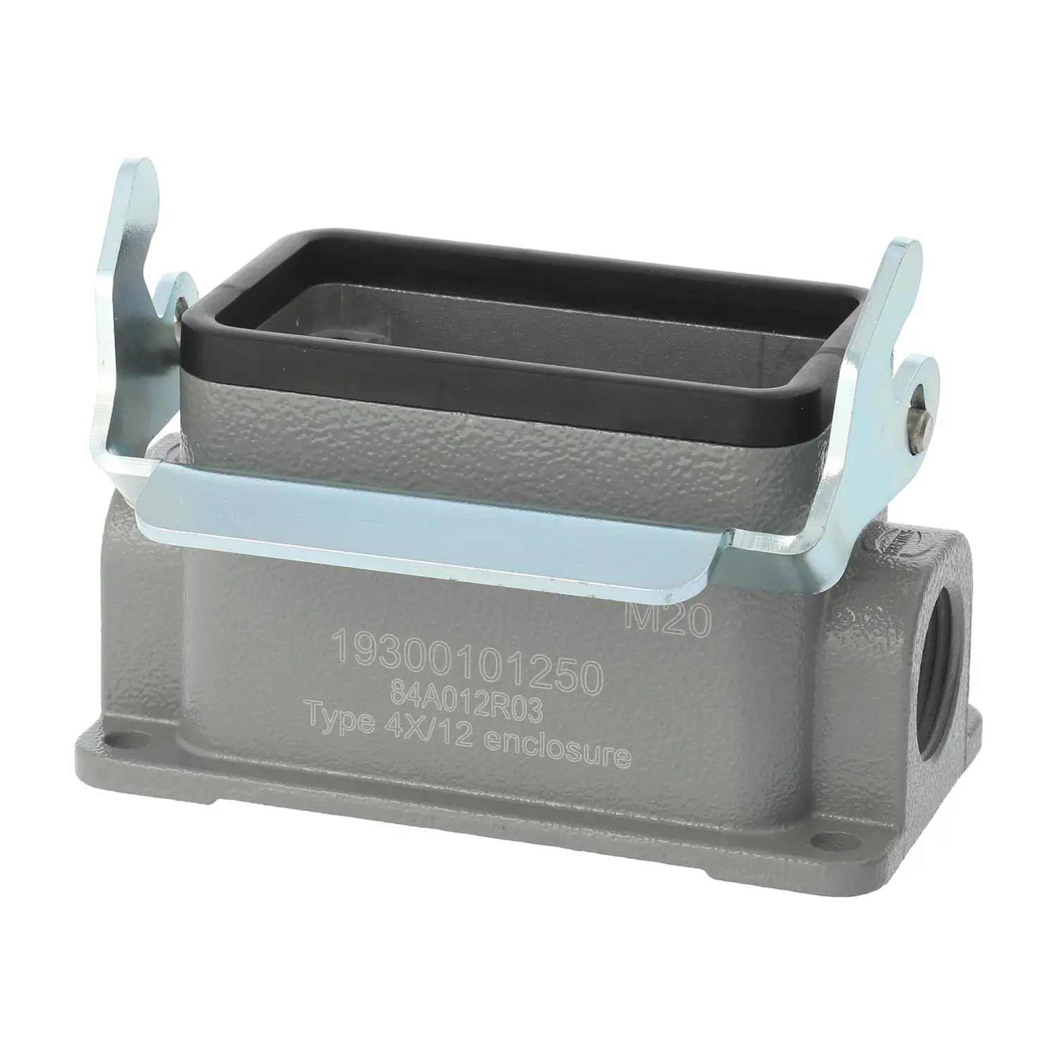 Produktfoto 1 von 04300101250 HARTING Han 10B Sockelgehäuse niedrig, 1xM20 seitlicher Kabelabgang, mit 1 Längsbügel Verschraubung M20 Klemmbereich 7,0mm - 13,0mm