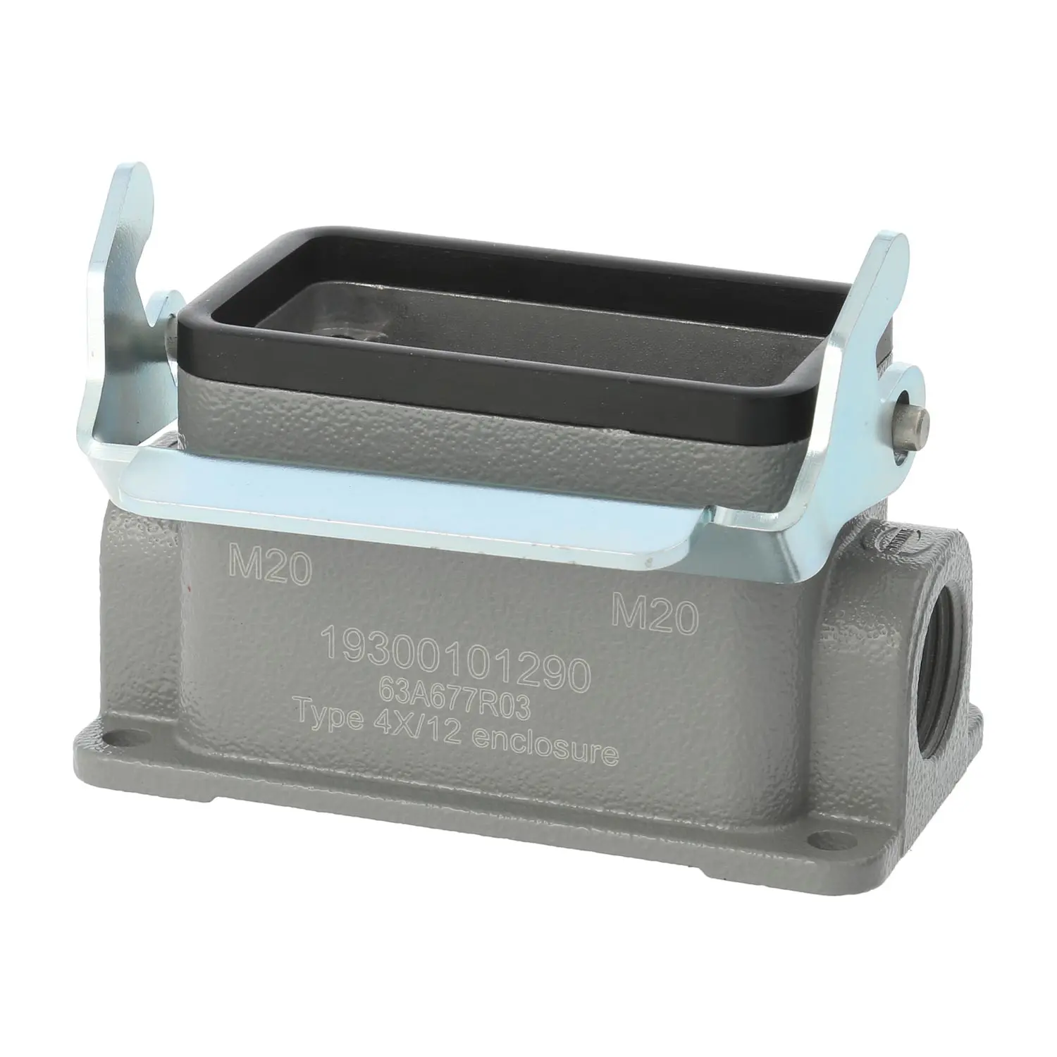 Produktfoto 1 von 04300101290 HARTING Han 10B Sockelgehäuse niedrig, 2xM20 seitlicher Kabelabgang, mit 1 Längsbügel Verschraubung M20 Klemmbereich 7,0mm - 13,0mm