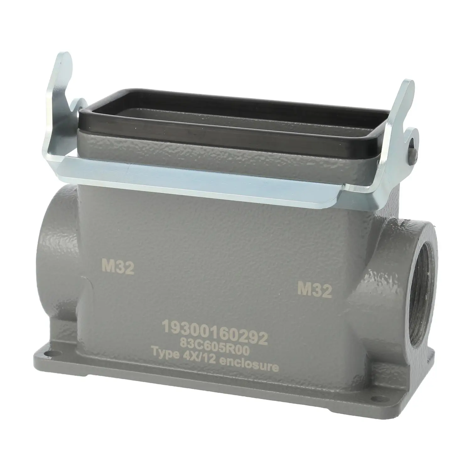 Produktfoto 1 von 04300160277 HARTING Han 16B Sockelgehäuse hoch, 2xM40 seitlicher Kabelabgang, mit 1 Längsbügel Verschraubung M40 Klemmbereich 19,0mm - 28,0mm