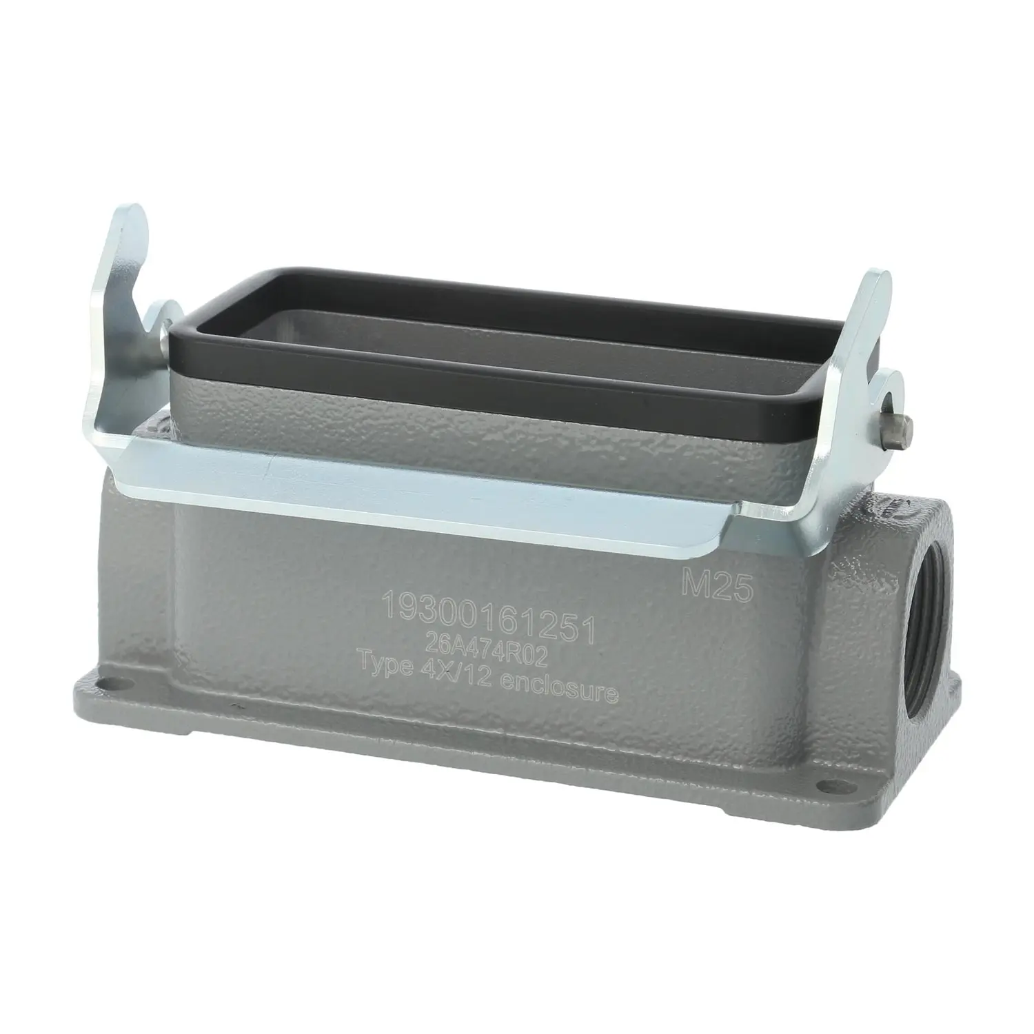 Produktfoto 1 von 04300161251 HARTING Han 16B Sockelgehäuse niedrig, 1xM25 seitlicher Kabelabgang, mit 1 Längsbügel Verschraubung M25 Klemmbereich 9,0mm - 17,0mm