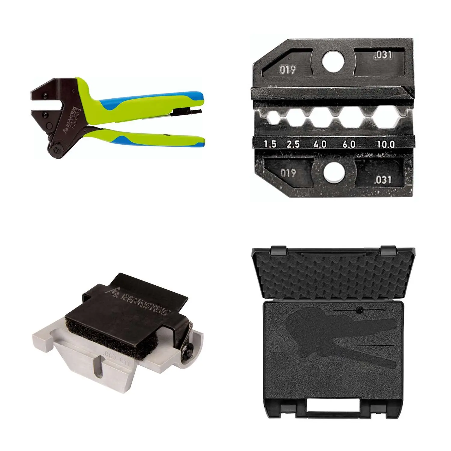 Produktfoto 1 von 624 031 3 0 K3 Rennsteig Werkzeuge GmbH Crimpzange PEW12 im Kunststoffkoffer für unisolierte Verbinder und Kabelschuhe inkl. Crimpeinsätze und Kontaktaufnahme