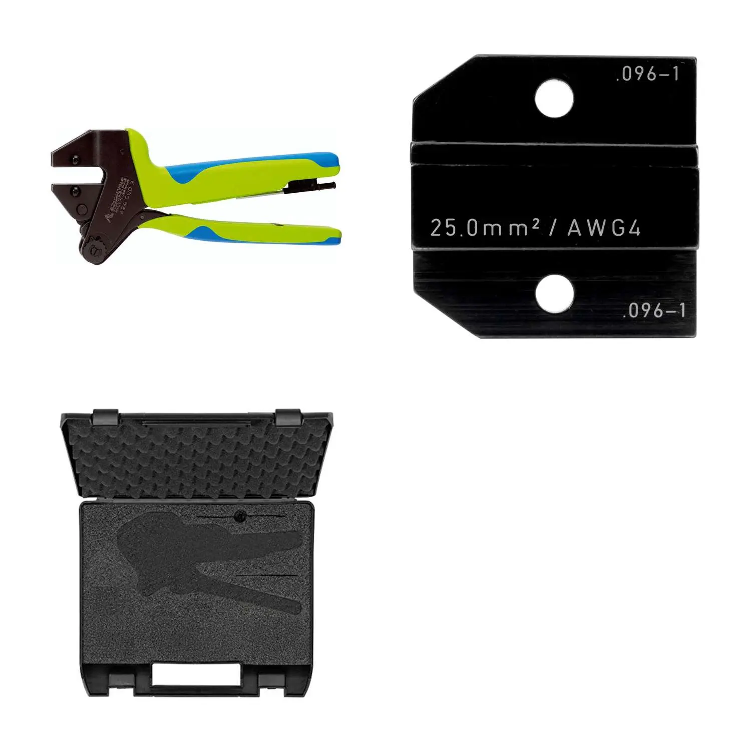 Produktfoto 1 von 624 096-1 3 0 K2 Rennsteig Werkzeuge GmbH Crimpzange PEW12 im Kunststoffkoffer für isolierte / unisolierte Aderendhülsen inkl. Crimpeinsätze Pressbreite 32,0mm, Fronteinführung