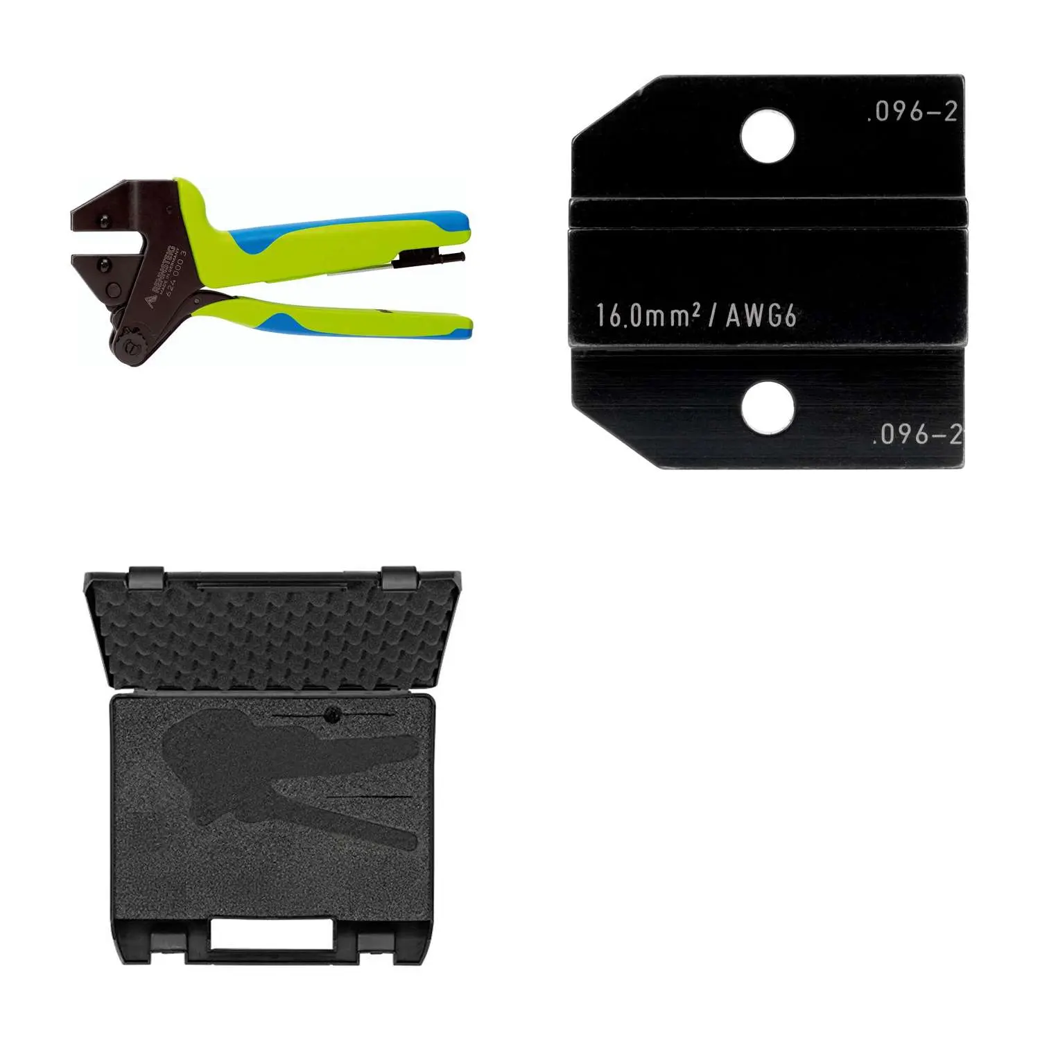 Produktfoto 1 von 624 096-2 3 0 K2 Rennsteig Werkzeuge GmbH Crimpzange PEW12 im Kunststoffkoffer für isolierte / unisolierte Aderendhülsen inkl. Crimpeinsätze Pressbreite 32,0mm, Fronteinführung