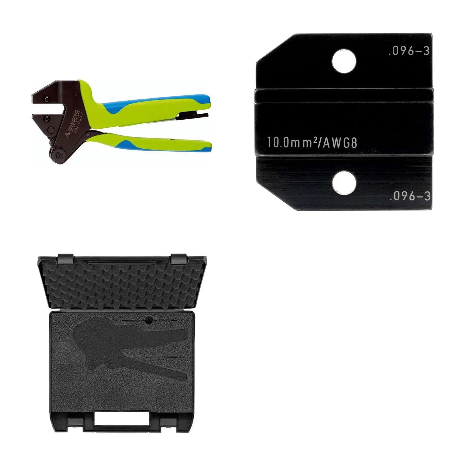 Produktfoto 1 von 624 096-3 3 0 K2 Rennsteig Werkzeuge GmbH Crimpzange PEW12 im Kunststoffkoffer für isolierte / unisolierte Aderendhülsen inkl. Crimpeinsätze Pressbreite 32,0mm, Fronteinführung