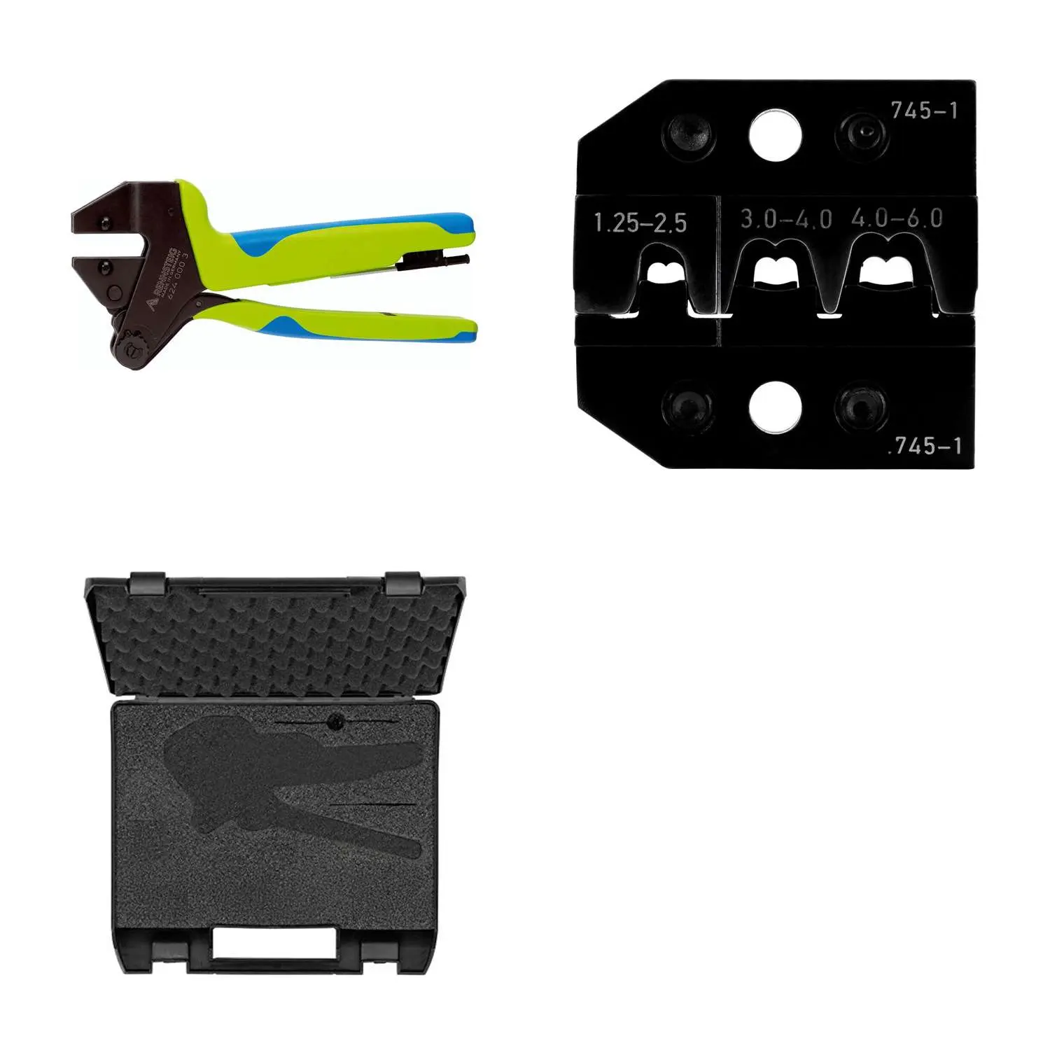 Produktfoto 1 von 624 745-1 3 0 K2 Rennsteig Werkzeuge GmbH Crimpzange PEW12 im Kunststoffkoffer für Flachstecker gerade und 90° seitlich nach links Querschnitt 1,25mm² - 6mm²