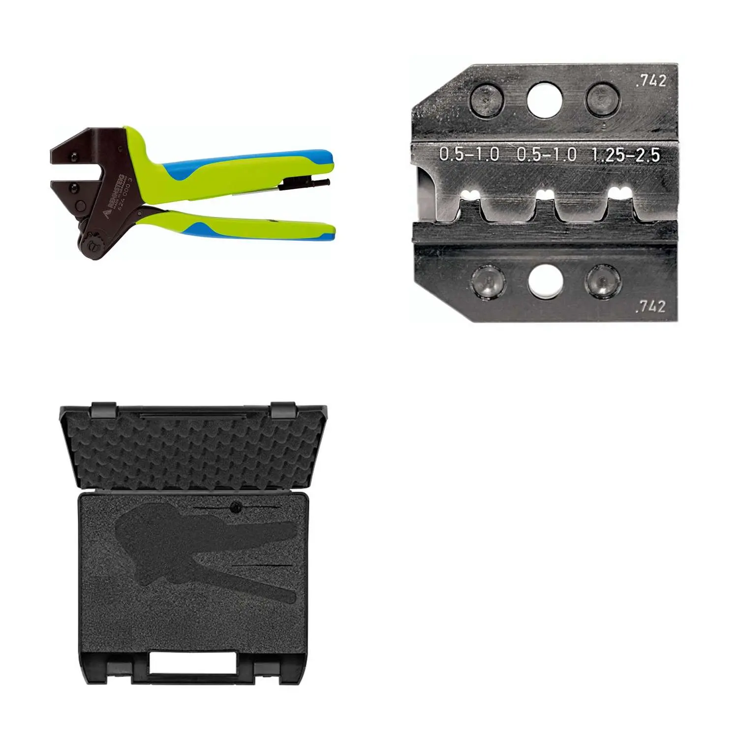 Produktfoto 1 von 624 742 3 0 K2 Rennsteig Werkzeuge GmbH Crimpzange PEW12 im Kunststoffkoffer für Flachstecker gerade und 90° seitlich nach rechts Querschnitt 0,5mm² - 2,5mm²