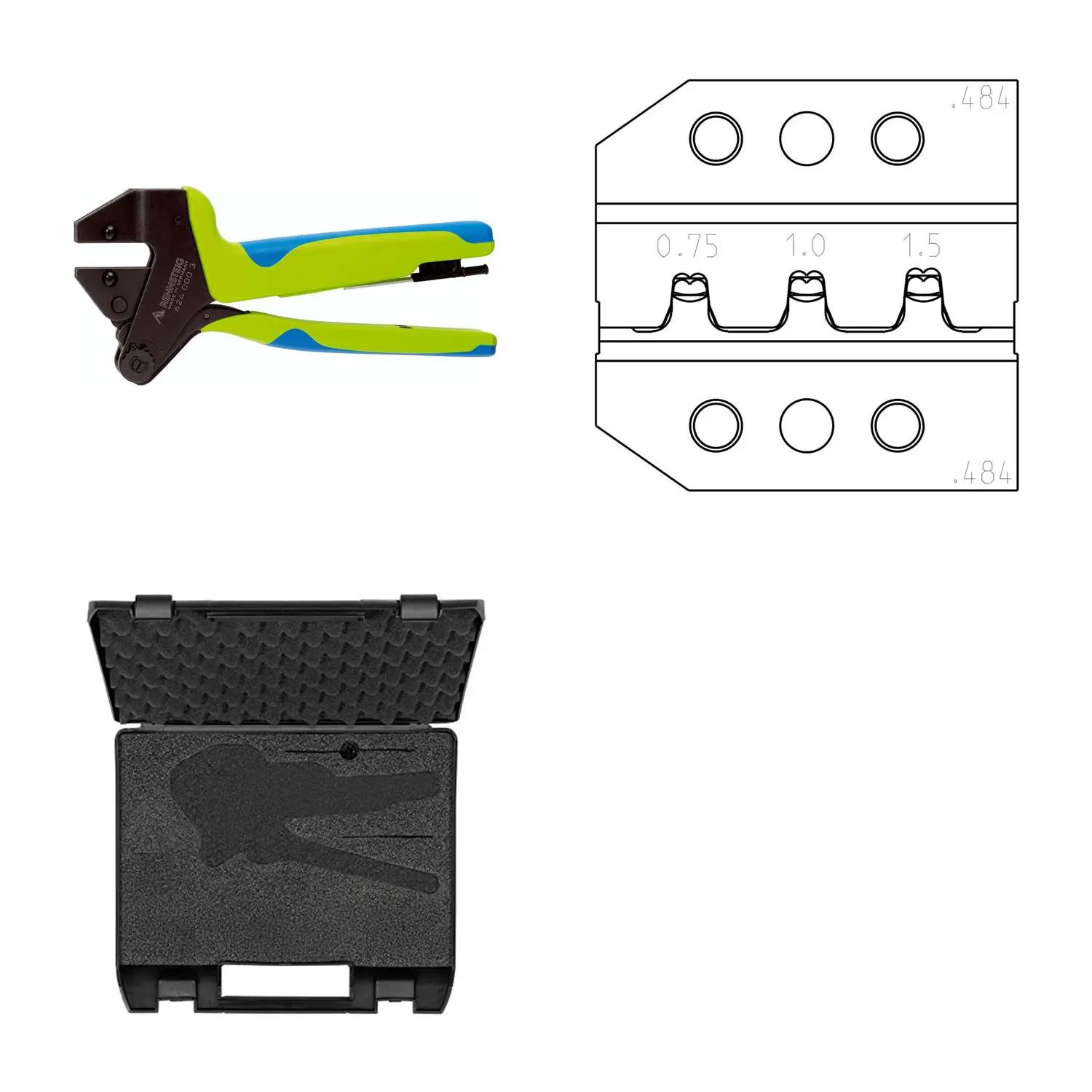 Produktfoto 1 von 624 484 3 0 K2 Rennsteig Werkzeuge GmbH Crimpzange PEW12 im Kunststoffkoffer für ITT Cannon - Trident Signal Contact Querschnitt 0,75mm² - 0,75mm²/1mm²/1,5mm²