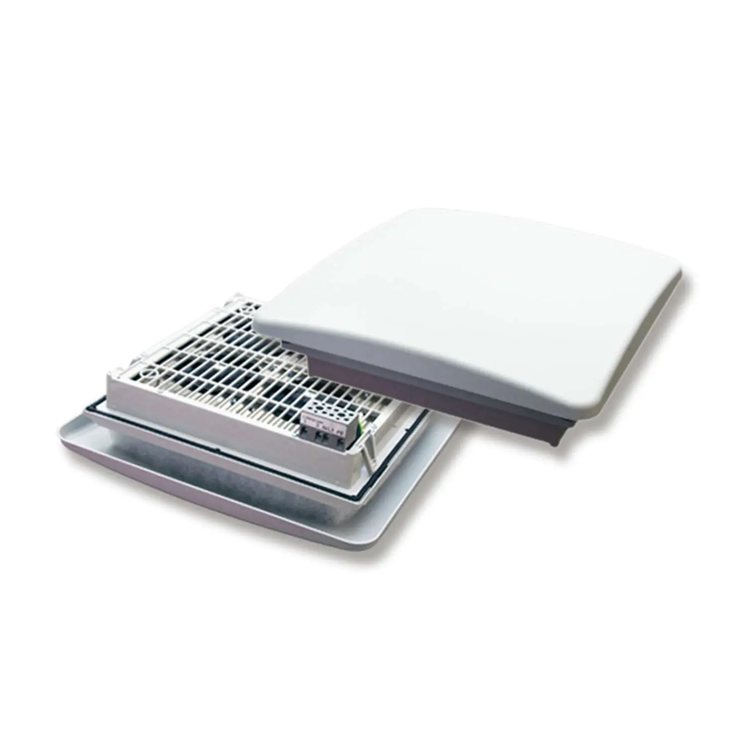 Produktfoto 1 von Dachlüfter DL, Serie: DLV 440 - 230V, Maße L/B/H 287,0mmx287,0mmx104,0mm mit 4 Axiallüftern 71 m³/h freiblasend, 2700/3200 U/min, 230V AC, 40 / 32W Snap-In / Schraubbefestigung