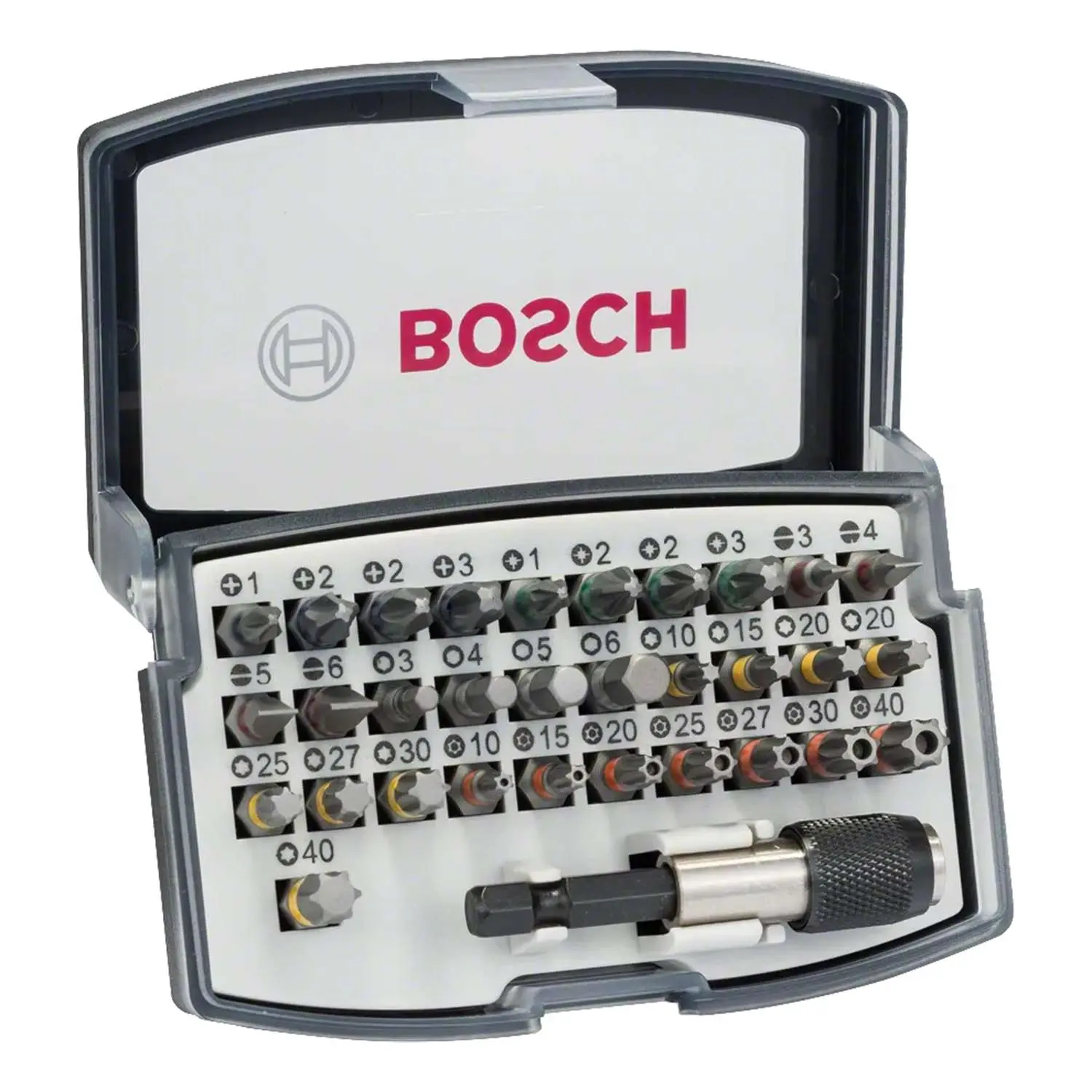 Produktfoto 1 von 2.607.017.319 BOSCH Bosch Bit-Set mit Extra Hart-Schrauberbits, Länge 25,0mm SET 32-teilig Werkstoff S2-Werkzeugstahl Werkzeugaufnahme 1/4 Zoll Außensechskant, Aufbewahrungsart Kunststoffkassette