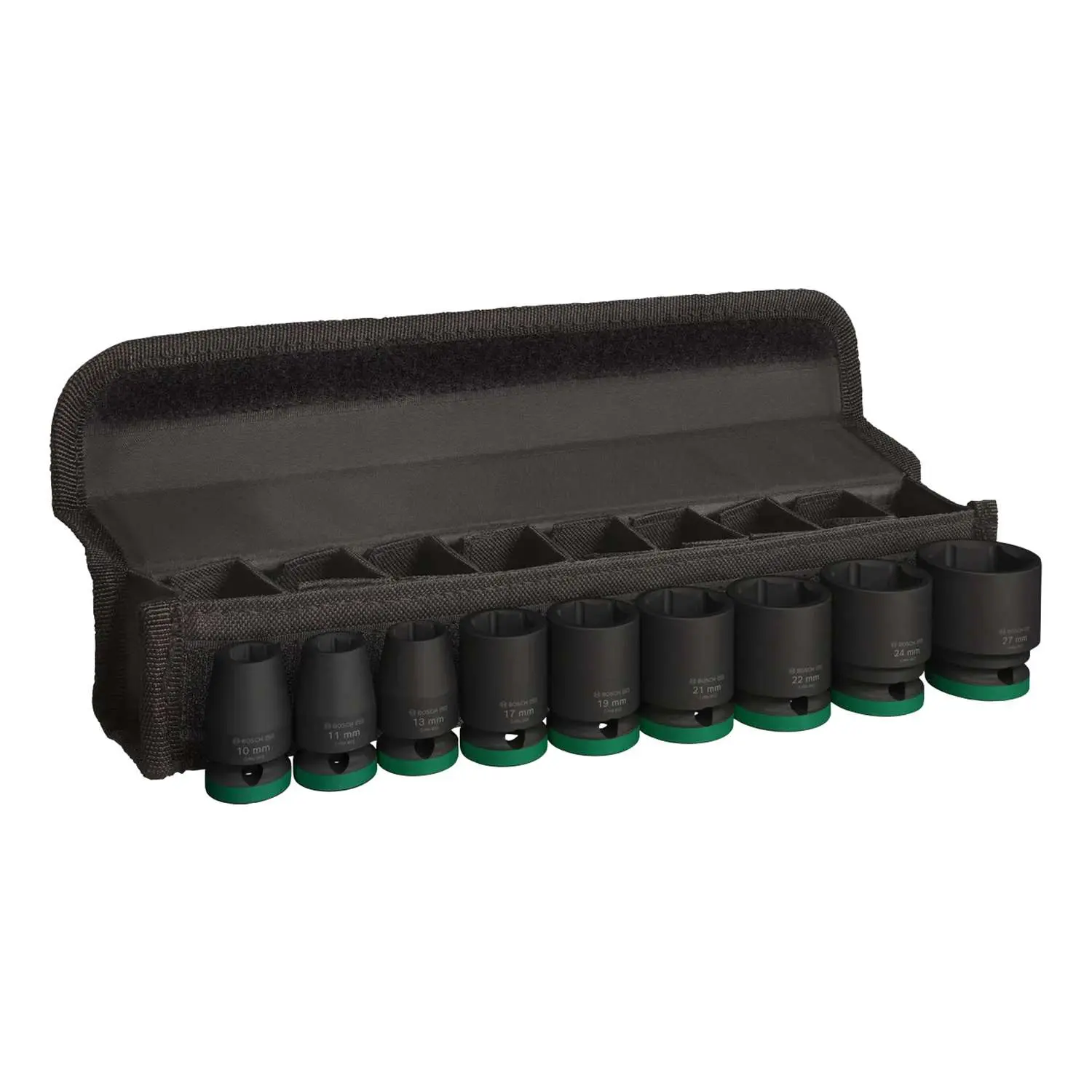 Produktfoto 1 von 2.608.003.042 BOSCH Bosch Steckschlüssel-Satz SET 9-teilig Werkstoff Chrom-Molybdän-Stahl (CrMo), Oberfläche Phosphatbeschichtung Werkzeugaufnahme PRO Impact 3/4 Zoll Außenvierkant, Aufbewahrungsart A