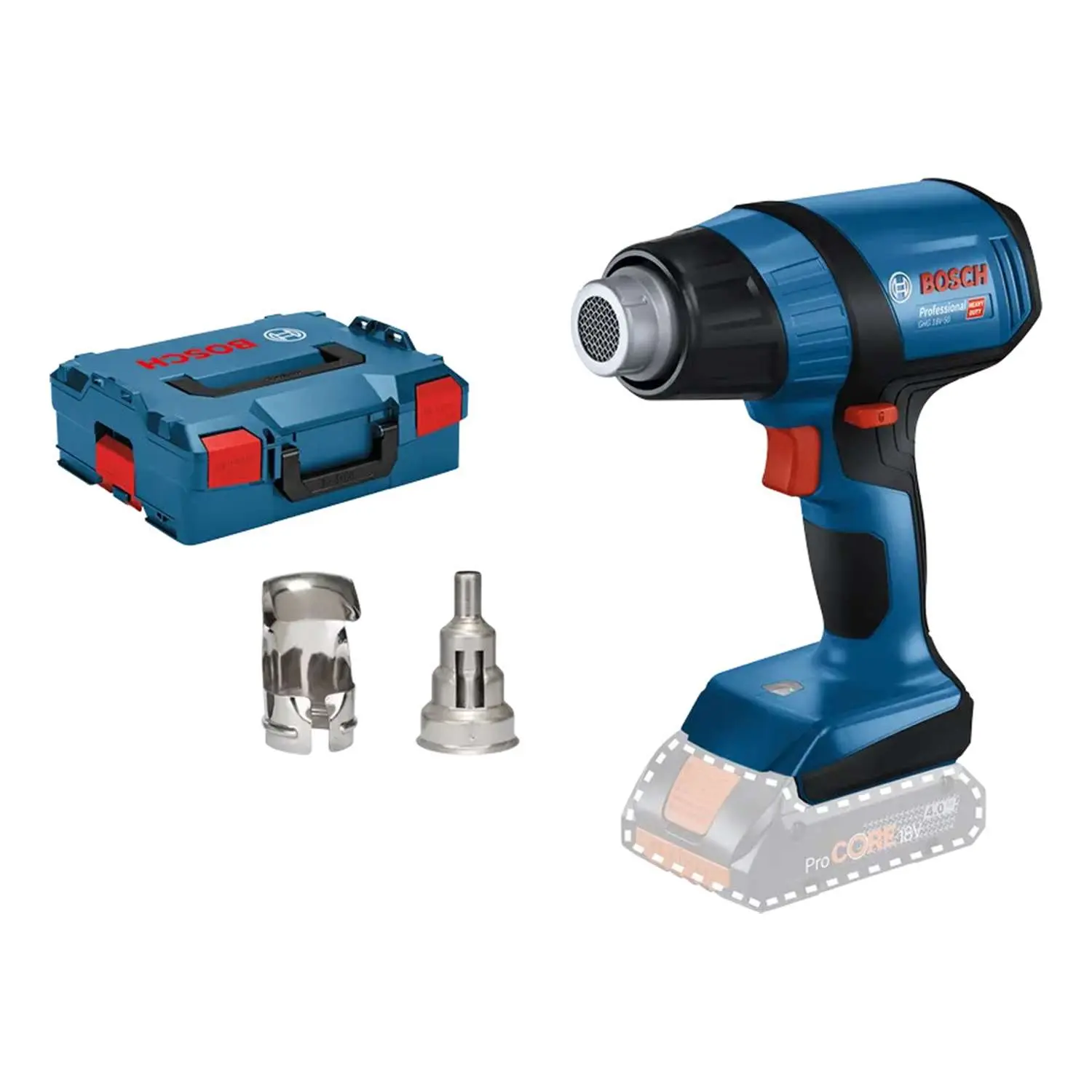 Produktfoto 1 von 0.601.2A6.501 BOSCH Bosch Akku-Heißluftgebläse, GHG 18V-50, Temperaturbereich 300°C bis 500°C Luftstrom 175 l/min incl. ohne Akku Akku-Spannung 18V Aufbewahrungsart Systemkoffer