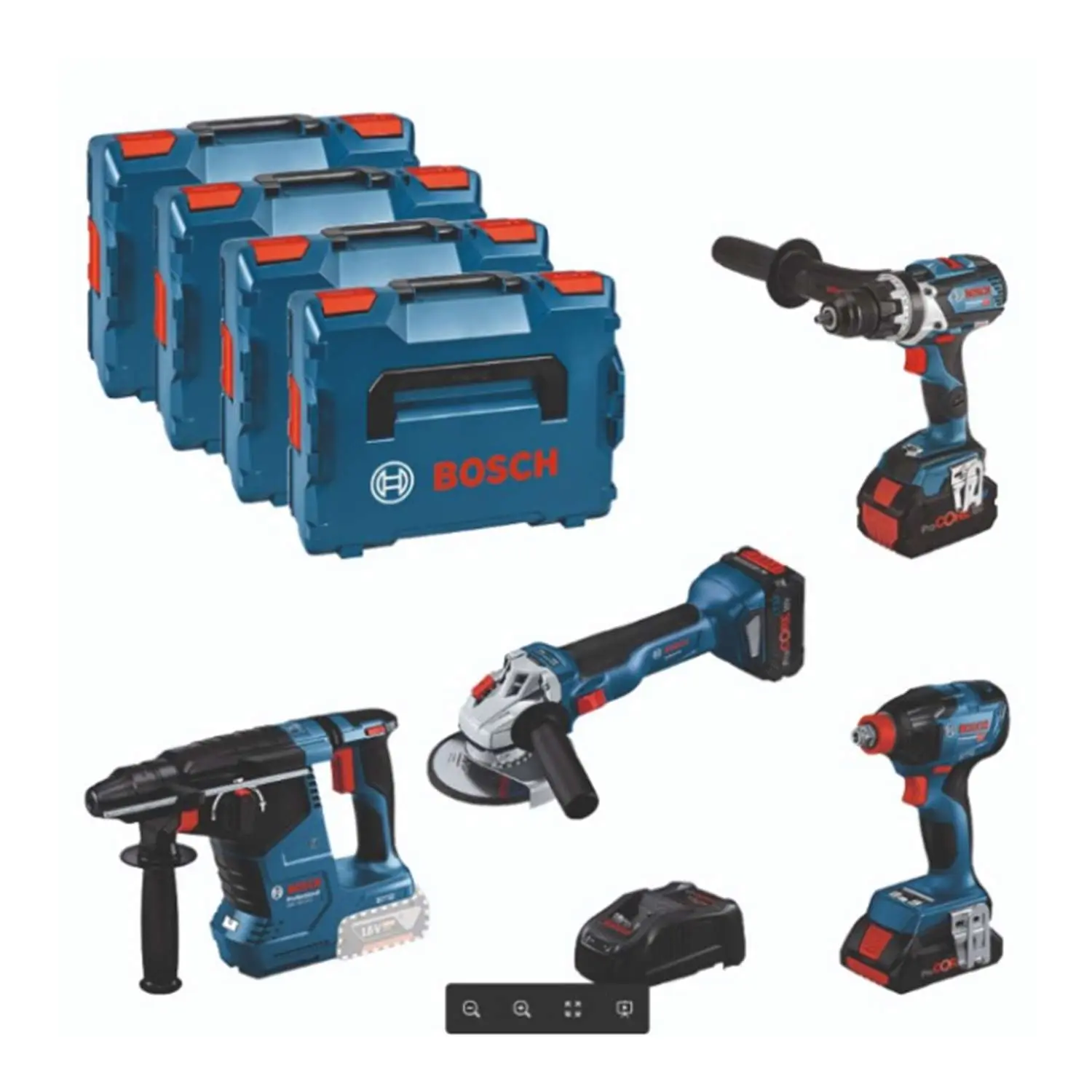 0.615.990.N32 BOSCH Bosch Akku-Combo Kit Bohr-, Schlagschrauber, Bohrhammer, Winkelschleifer, Werkzeug-Set: GSR + GBH + GWS + GDX, SET 4-teilig incl. Lithium-Ionen-Akku ProCORE Akku-Spannung 18V, 1x 4