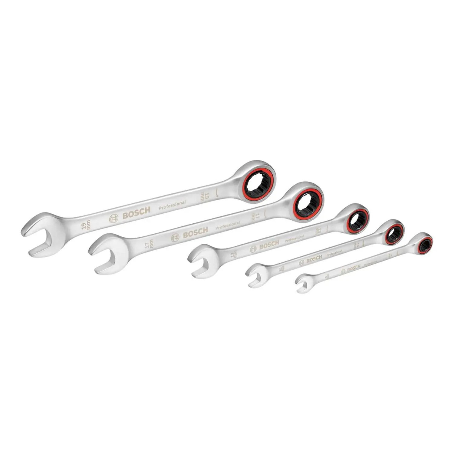 Produktfoto 1 von 1.600.A02.Z3D BOSCH Bosch Ringmaulschlüssel-Set mit Ratsche, 12-kant Profil SET 5-teilig Werkstoff Chrom-Vanadium-Stahl (CrV) Werkzeugaufnahme Maulstellung: 15 Grad, Aufbewahrungsart Textiltasche