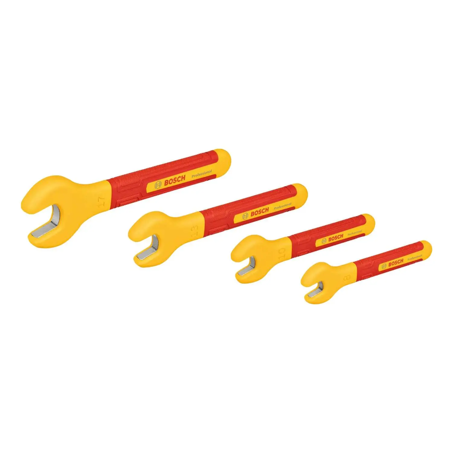 Produktfoto 1 von 1.600.A02.NE8 BOSCH Bosch VDE-Einmaulschlüssel mit Softgrip SET 4-teilig Werkstoff Chrom-Vanadium-Stahl (CrV) Werkzeugaufnahme Maulstellung: 15 Grad, Aufbewahrungsart Textiltasche
