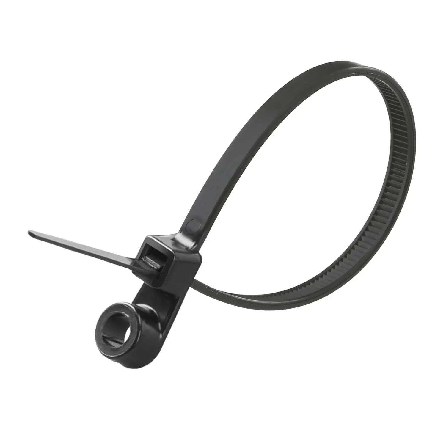 Produktfoto 1 von Kabelbinder mit Befestigungsöse zur festen Verschraubung oder Vernietung, VPE 100 Stück Maße L/B/H 202,0mm x 4,8mm, Farbe schwarz