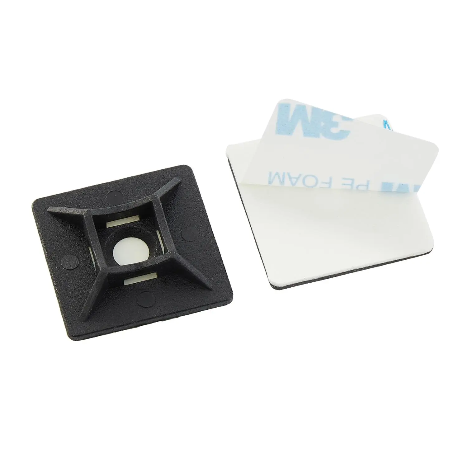 Produktfoto 1 von Klebesockel für Kabelbinder und zusätzlicher Schraubfestigung selbstklebend mit Einführung von allen vier Seiten, VPE 1 Stück Maße L/B/H 28,0mm x 28,0mm x 5,5mm, Farbe schwarz