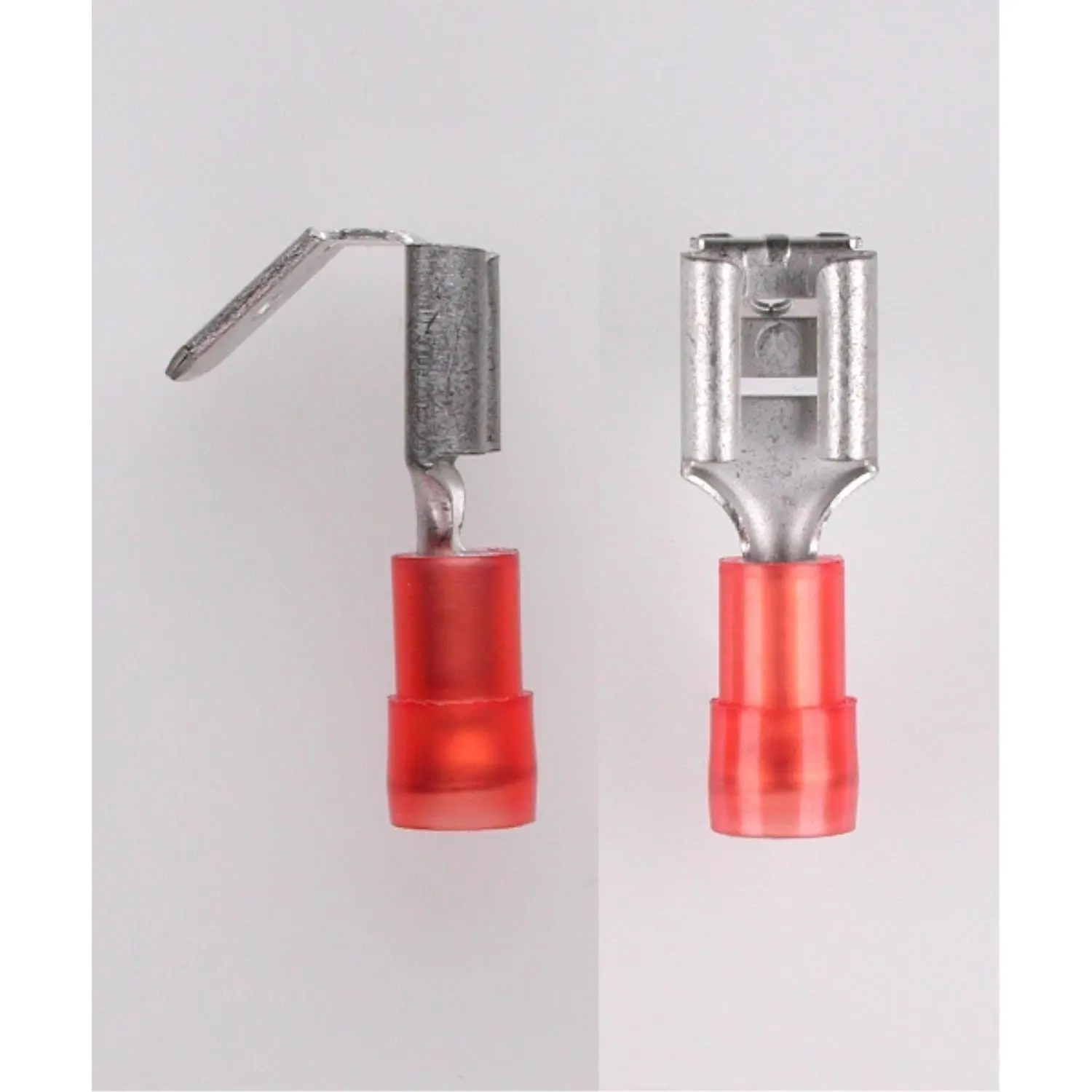 Produktfoto 1 von Flachsteckhülsen DIN 46245, Steckgröße 6,3 x 0,8mm isoliert, mit Isolationscrimp und Abzweig Querschnitt 0,5mm² - 1,5mm² rot, transparent