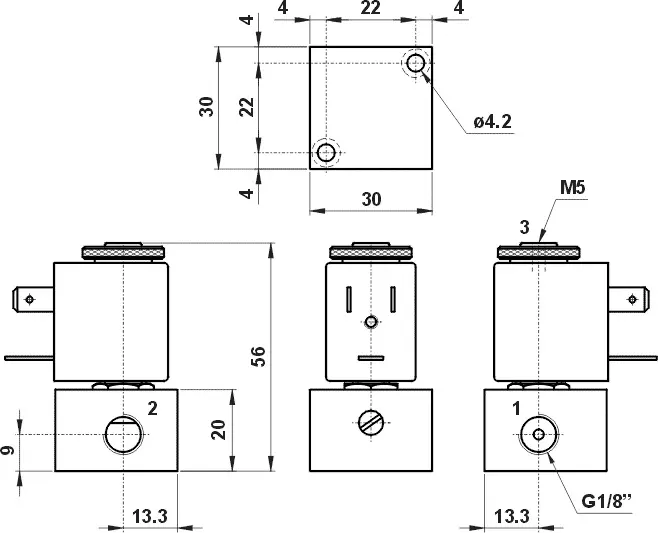 AZ Pneumatica 00.071.3, Mini-Einzelventil NC, G1/8"-Anschlüsse, ohne Spule