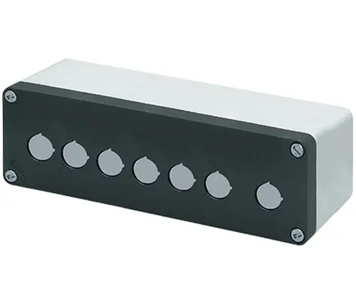 Produktfoto 1 von New Elfin 040C0826-8EP7LC, Bedienpult-Gehäuse Aluminium M10 85x260x85, 7 Bohrungen Ø 22, mit Kabeleingang