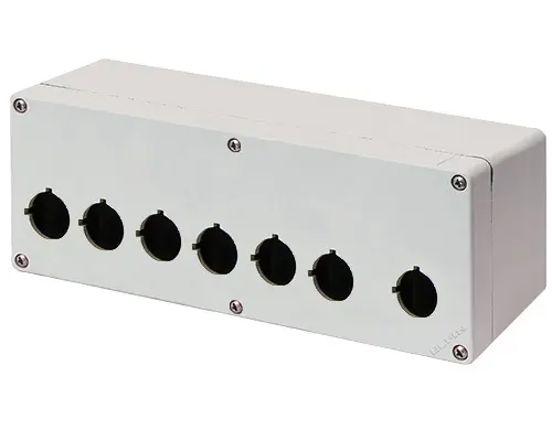 Produktfoto 1 von New Elfin 040C0926-1P7LC, Bedienpult-Gehäuse Aluminium M4 92x265x100, 7 Bohrungen Ø 22, ohne Kabeleingang