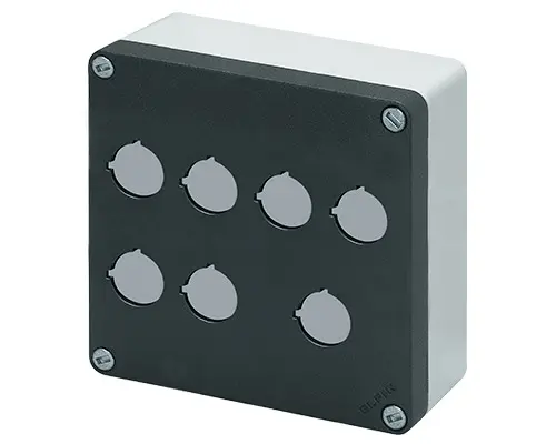Produktfoto 1 von New Elfin 040C1414-6EP7C, Bedienpult-Gehäuse Aluminium M10 140x140x65, 7 Bohrungen Ø 22, mit Kabeleingang