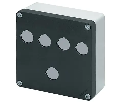 Produktfoto 1 von New Elfin 040C1414-6EP5C, Bedienpult-Gehäuse Aluminium M10 140x140x65, 5 Bohrungen Ø 22, mit Kabeleingang