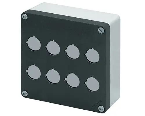 Produktfoto 1 von New Elfin 040C1414-6P8, Bedienpult-Gehäuse Aluminium M10 140x140x65, 8 Bohrungen Ø 22, ohne Kabeleingang