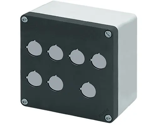 Produktfoto 1 von New Elfin 040C1414-8EP7C, Bedienpult-Gehäuse Aluminium M10 140x140x85, 7 Bohrungen Ø 22, mit Kabeleingang