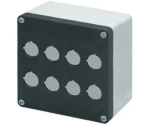 Produktfoto 1 von New Elfin 040C1414-8EP8, Bedienpult-Gehäuse Aluminium M10 140x140x85, 8 Bohrungen Ø 22, mit Kabeleingang