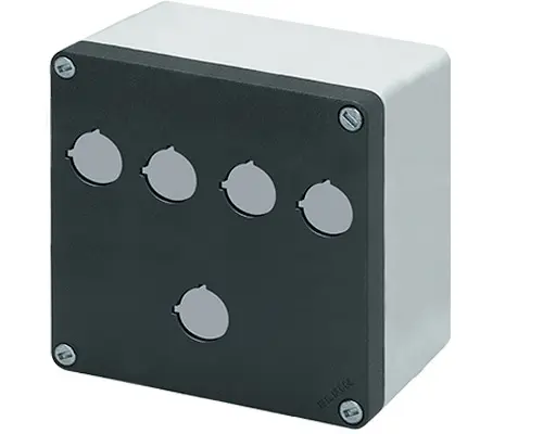 Produktfoto 1 von New Elfin 040C1414-8P5C, Bedienpult-Gehäuse Aluminium M10 140x140x85, 5 Bohrungen Ø 22, ohne Kabeleingang