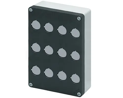 Produktfoto 1 von New Elfin 040C1420-8P12, Bedienpult-Gehäuse Aluminium M10 140x200x85, 12 Bohrungen Ø 22, ohne Kabeleingang