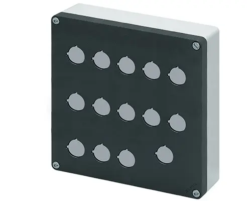 Produktfoto 1 von New Elfin 040C2020-8P14C, Bedienpult-Gehäuse Aluminium M10 200x200x85, 14 Bohrungen Ø 22, ohne Kabeleingang