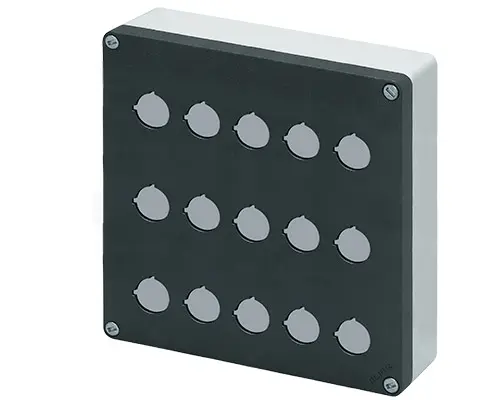 Produktfoto 1 von New Elfin 040C2020-8P15, Bedienpult-Gehäuse Aluminium M10 200x200x85, 15 Bohrungen Ø 22, ohne Kabeleingang