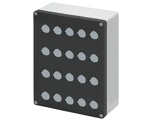Produktfoto 1 von New Elfin 040C2026-8P20, Bedienpult-Gehäuse Aluminium M10 200x260x85, 20 Bohrungen Ø 22, ohne Kabeleingang