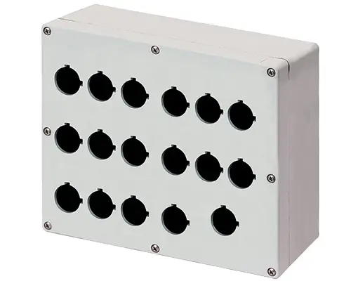Produktfoto 1 von New Elfin 040C2320-1EP17C, Bedienpult-Gehäuse Aluminium M4 230x205x100, 17 Bohrungen Ø 22, mit Kabeleingang