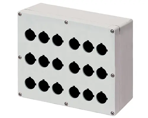 Produktfoto 1 von New Elfin 040C2320-1EP18, Bedienpult-Gehäuse Aluminium M4 230x205x100, 18 Bohrungen Ø 22, mit Kabeleingang