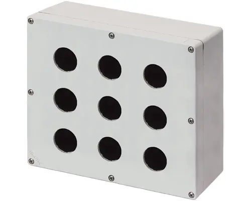 Produktfoto 1 von New Elfin 040C2320-1ES9, Bedienpult-Gehäuse Aluminium M4 230x205x100, 9 Bohrungen Ø 30, mit Kabeleingang