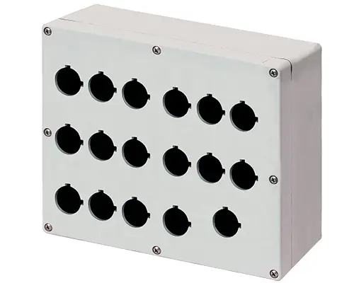 Produktfoto 1 von New Elfin 040C2320-1P17C, Bedienpult-Gehäuse Aluminium M4 230x205x100, 17 Bohrungen Ø 22, ohne Kabeleingang