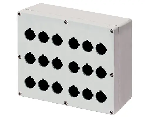 Produktfoto 1 von New Elfin 040C2320-1P18, Bedienpult-Gehäuse Aluminium M4 230x205x100, 18 Bohrungen Ø 22, ohne Kabeleingang