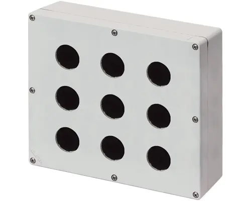 Produktfoto 1 von New Elfin 040C2320-8ES9, Bedienpult-Gehäuse Aluminium M4 230x205x80, 9 Bohrungen Ø 30, mit Kabeleingang