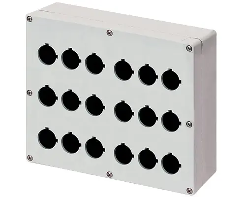 Produktfoto 1 von New Elfin 040C2320-8P18, Bedienpult-Gehäuse Aluminium M4 230x205x80, 18 Bohrungen Ø 22, ohne Kabeleingang