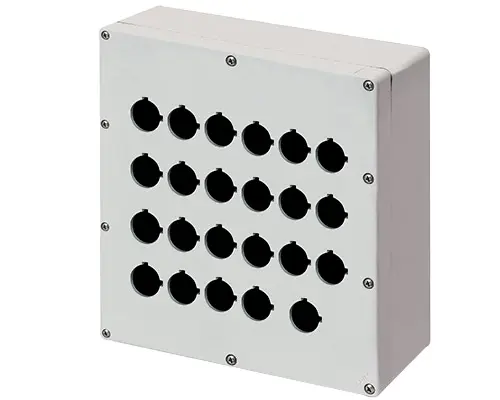 Produktfoto 1 von New Elfin 040C2325-1EP23C, Bedienpult-Gehäuse Aluminium M4 230x257x100, 23 Bohrungen Ø 22, mit Kabeleingang