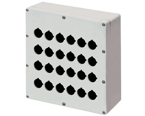 Produktfoto 1 von New Elfin 040C2325-1EP24, Bedienpult-Gehäuse Aluminium M4 230x257x100, 24 Bohrungen Ø 22, mit Kabeleingang
