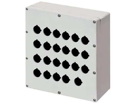 Produktfoto 1 von New Elfin 040C2325-1P23C, Bedienpult-Gehäuse Aluminium M4 230x257x100, 23 Bohrungen Ø 22, ohne Kabeleingang