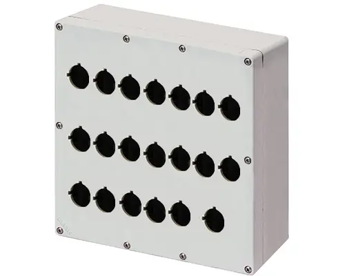 Produktfoto 1 von New Elfin 040C2325-1P20C, Bedienpult-Gehäuse Aluminium M4 230x257x100, 20 Bohrungen Ø 22, ohne Kabeleingang