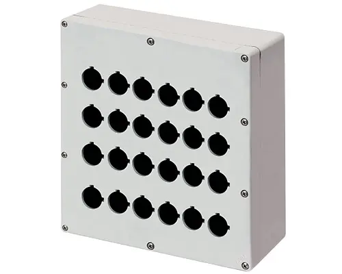 Produktfoto 1 von New Elfin 040C2325-1P24, Bedienpult-Gehäuse Aluminium M4 230x257x100, 24 Bohrungen Ø 22, ohne Kabeleingang