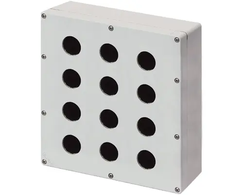 Produktfoto 1 von New Elfin 040C2325-1ES12, Bedienpult-Gehäuse Aluminium M4 230x257x100, 12 Bohrungen Ø 30, mit Kabeleingang