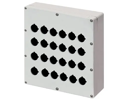 New Elfin 040C2325-8EP24, Bedienpult-Gehäuse Aluminium M4 230x257x80, 24 Bohrungen Ø 22, mit Kabeleingang