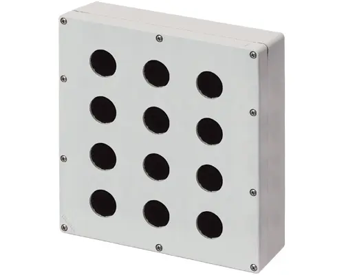 New Elfin 040C2325-8ES12, Bedienpult-Gehäuse Aluminium M4 230x257x80, 12 Bohrungen Ø 30, mit Kabeleingang