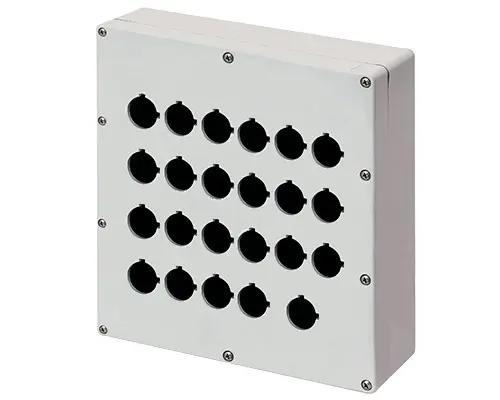 Produktfoto 1 von New Elfin 040C2325-8P23C, Bedienpult-Gehäuse Aluminium M4 230x257x80, 23 Bohrungen Ø 22, ohne Kabeleingang